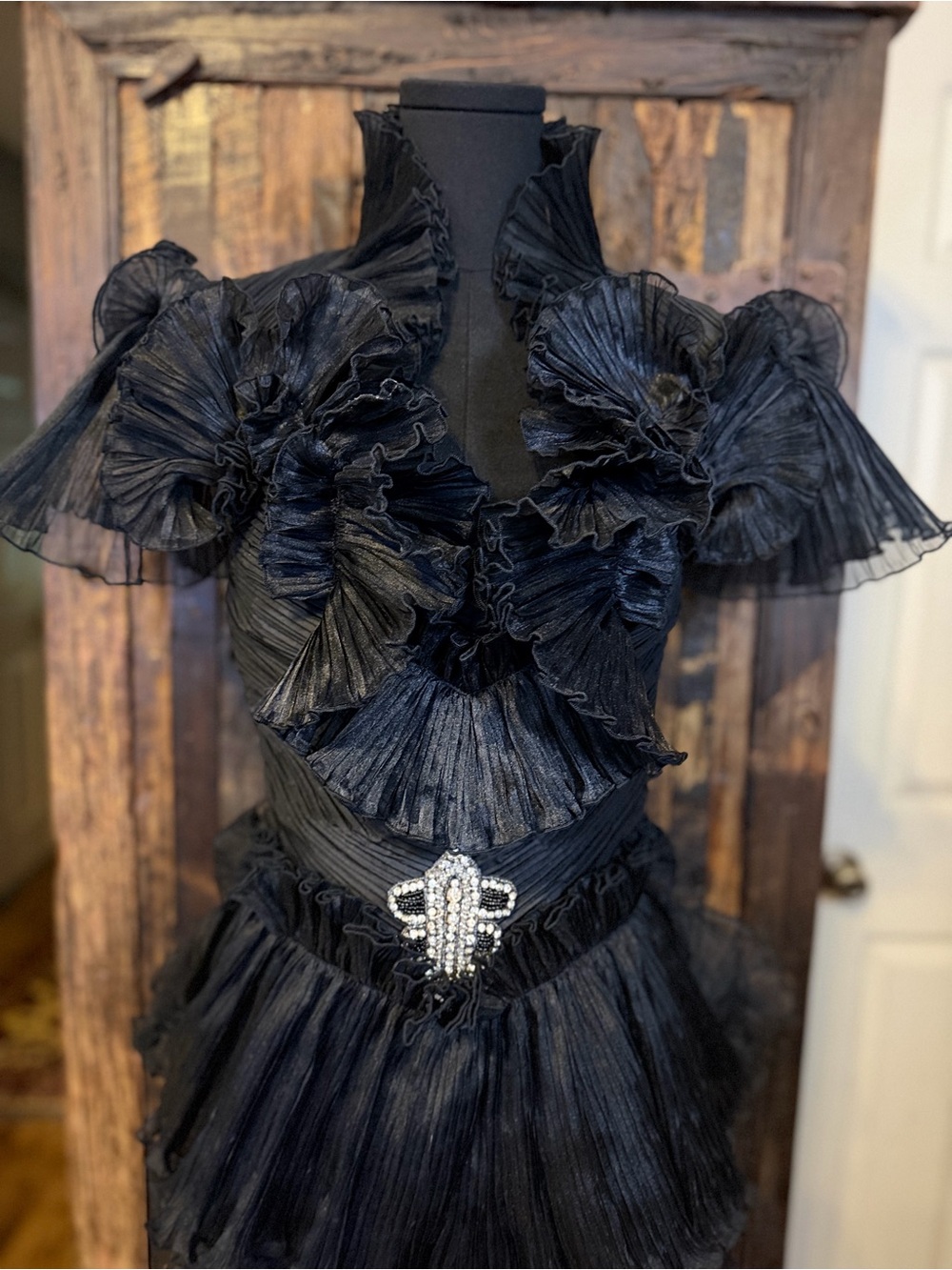 Rare Vtg 80s Caché Conelli New York dress 8 Black Ruffle Rhinestone - Picture 2 of 16